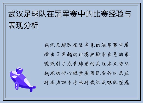 武汉足球队在冠军赛中的比赛经验与表现分析