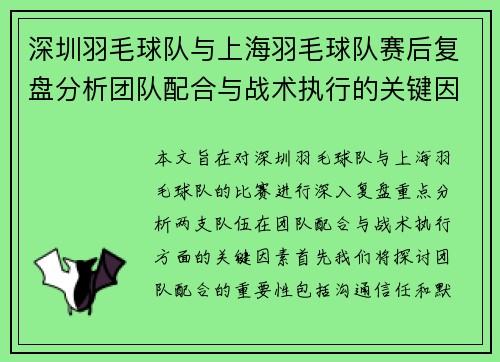 深圳羽毛球队与上海羽毛球队赛后复盘分析团队配合与战术执行的关键因素